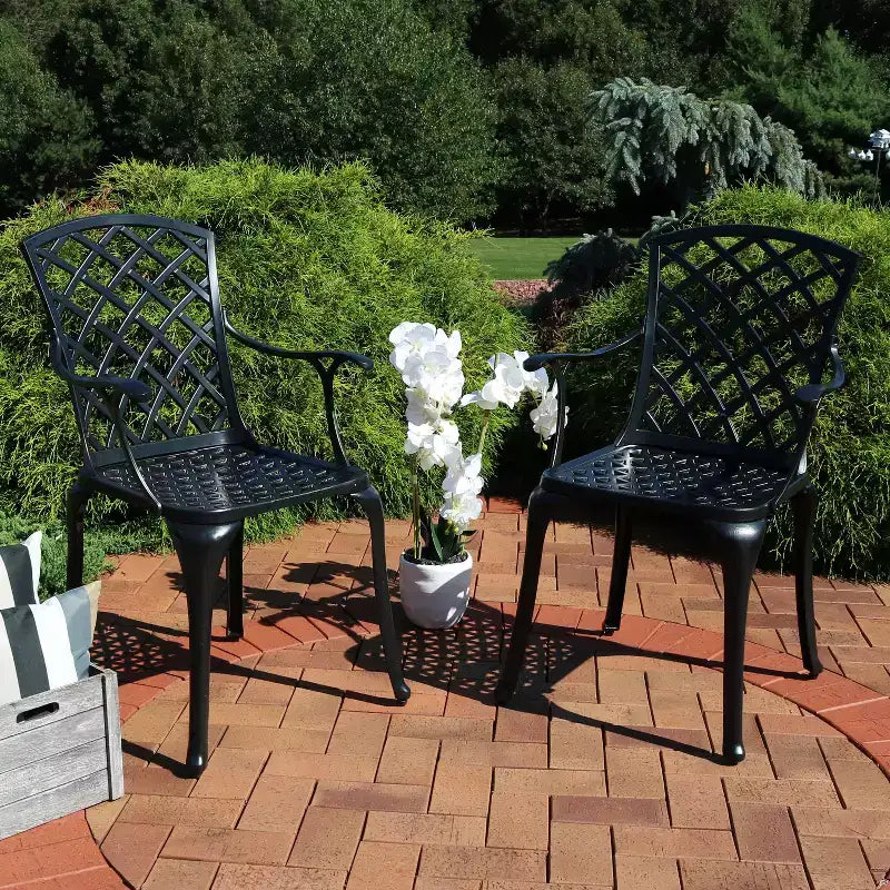 Sunnydaze Chaise de salle à manger de terrasse d'extérieur en aluminium moulé noir à tissage croisé, lot de 2