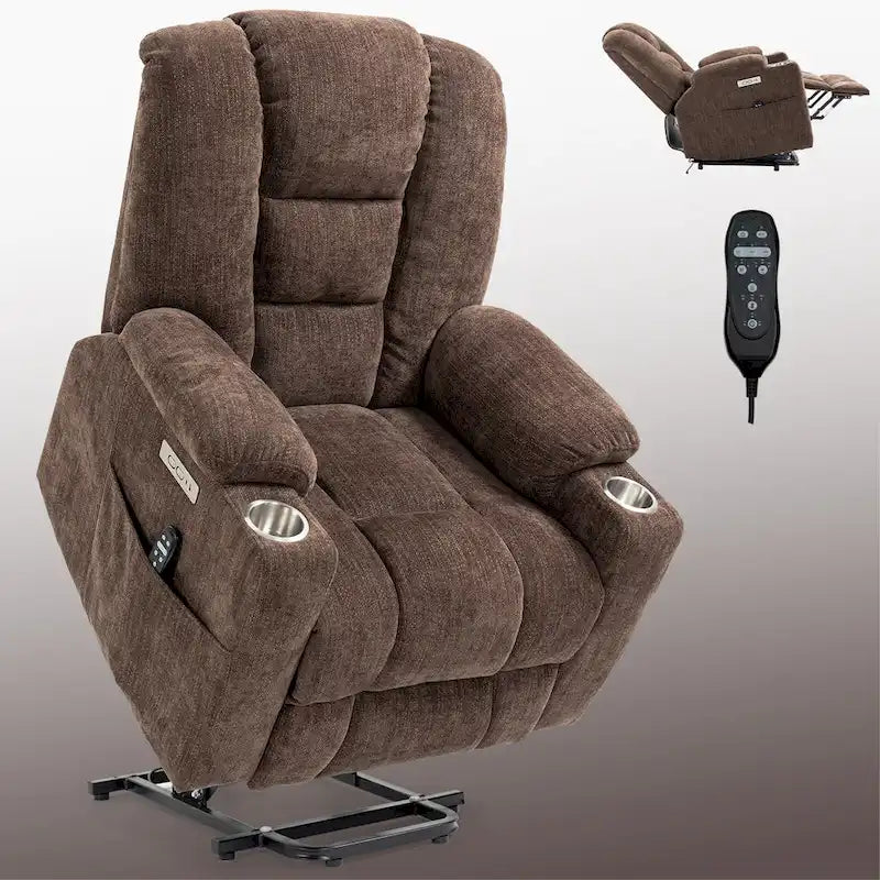 Fauteuil releveur électrique avec massage et chauffage, fauteuils inclinables larges rembourrés Lazy Boy avec USB, ports Type C et 2 porte-gobelets en acier