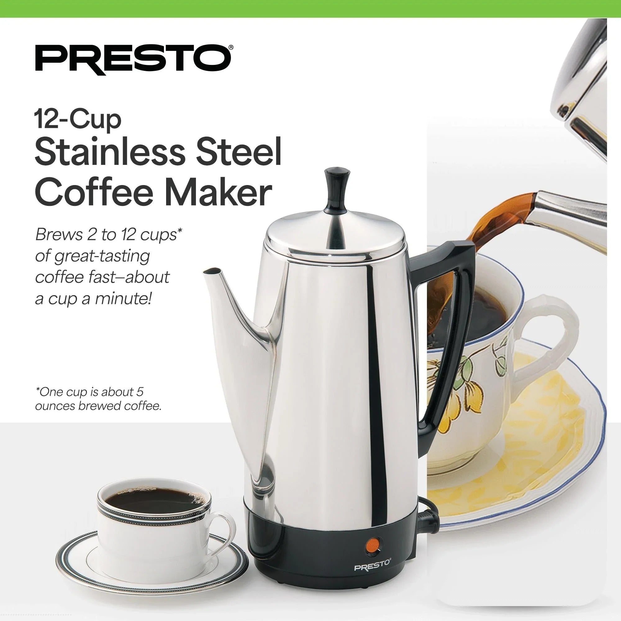 Presto Cafetière en acier inoxydable, percolateur robuste 12 tasses, argent - 2.79
