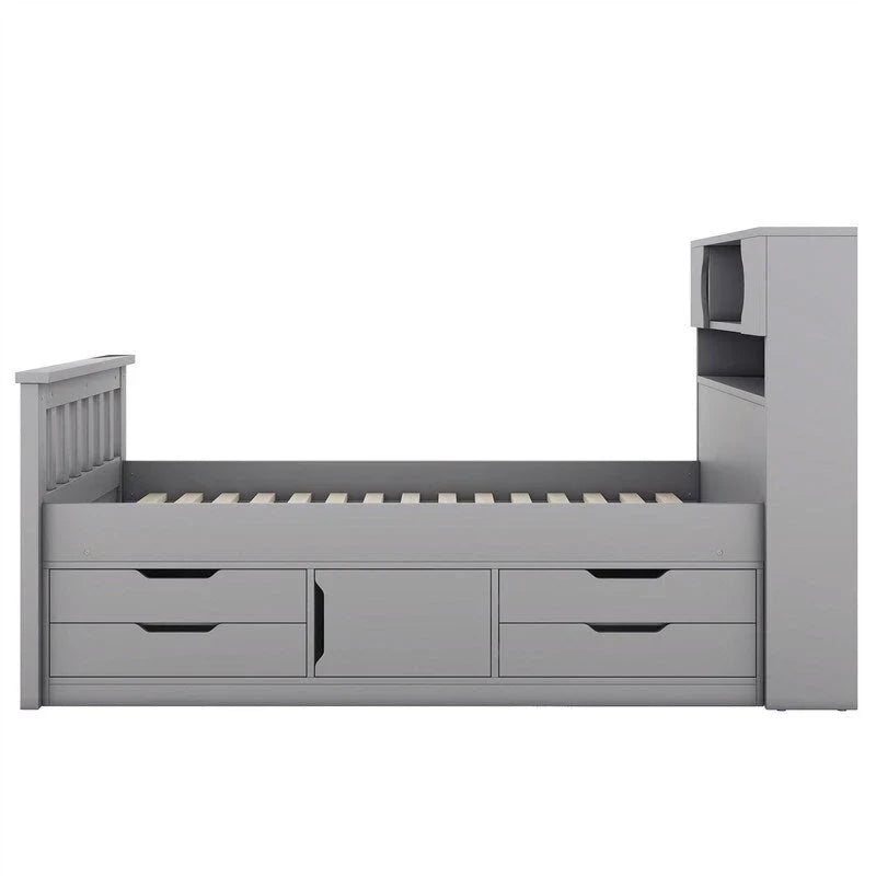 Lit plateforme capitaine double/grand avec 4 tiroirs et étagères de rangement, cadre de lit en bois massif avec tête de lit bibliothèque de rangement