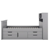 Lit plateforme capitaine double/grand avec 4 tiroirs et étagères de rangement, cadre de lit en bois massif avec tête de lit bibliothèque de rangement