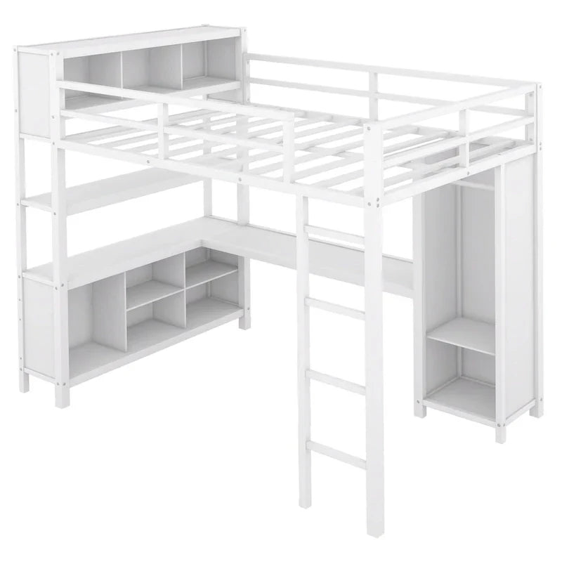 Lit mezzanine en métal blanc cassé avec bureau et armoire - Grand lit