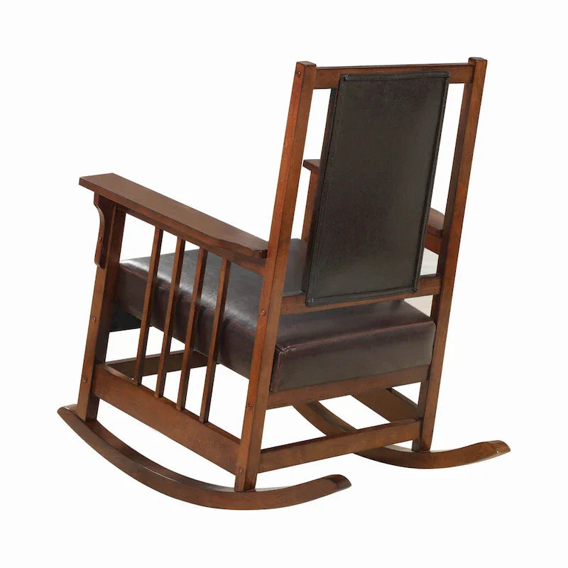 Chaise berçante de style Mission, assise et dossier rembourrés en cuir, tabac et brun foncé