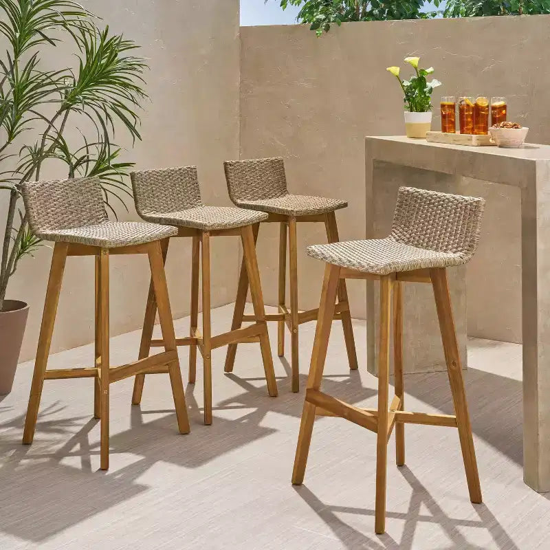 Tabourets de bar d'extérieur 4 pièces en bois d'acacia et osier La Brea - Christopher Knight Home
