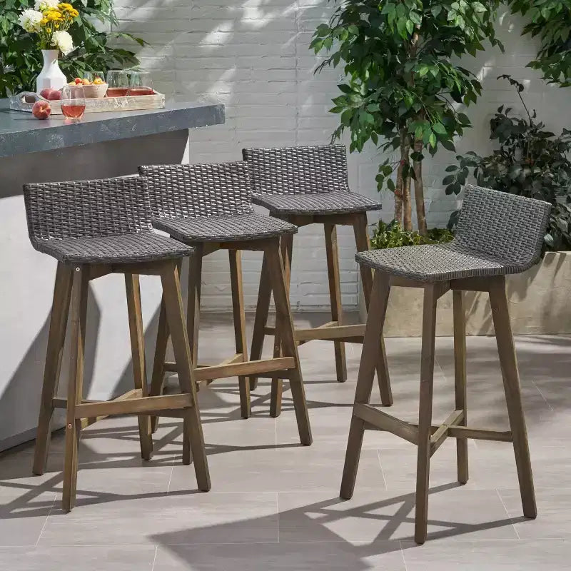 Tabourets de bar d'extérieur 4 pièces en bois d'acacia et osier La Brea - Christopher Knight Home