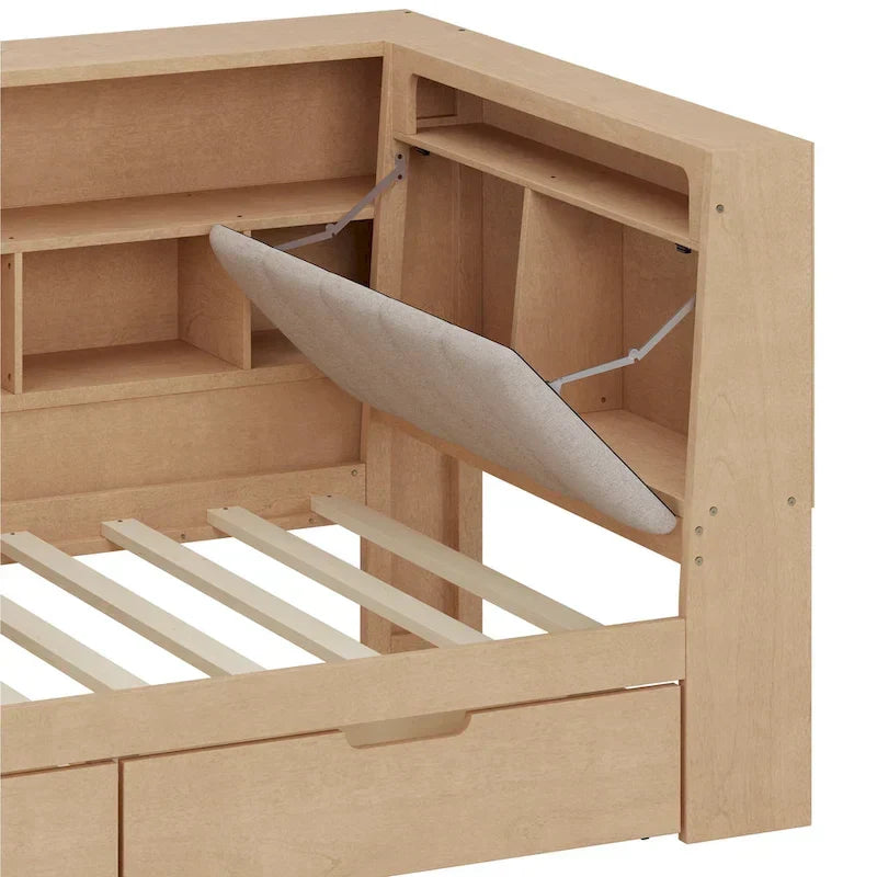 Canapé lit de jour en bois en forme de L avec bureau, bibliothèque, lit d'angle avec tiroirs sous le lit, tête de lit tapissée et éclairage intégré