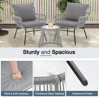 Ensemble de bistro 3 pièces pour terrasse, salon de jardin en rotin tressé avec table en verre et 2 fauteuils larges, coussins d'assise
