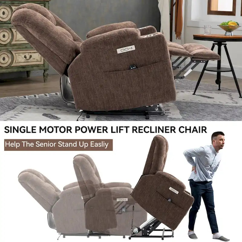 Fauteuil releveur électrique avec massage et chauffage, fauteuils inclinables larges rembourrés Lazy Boy avec USB, ports Type C et 2 porte-gobelets en acier