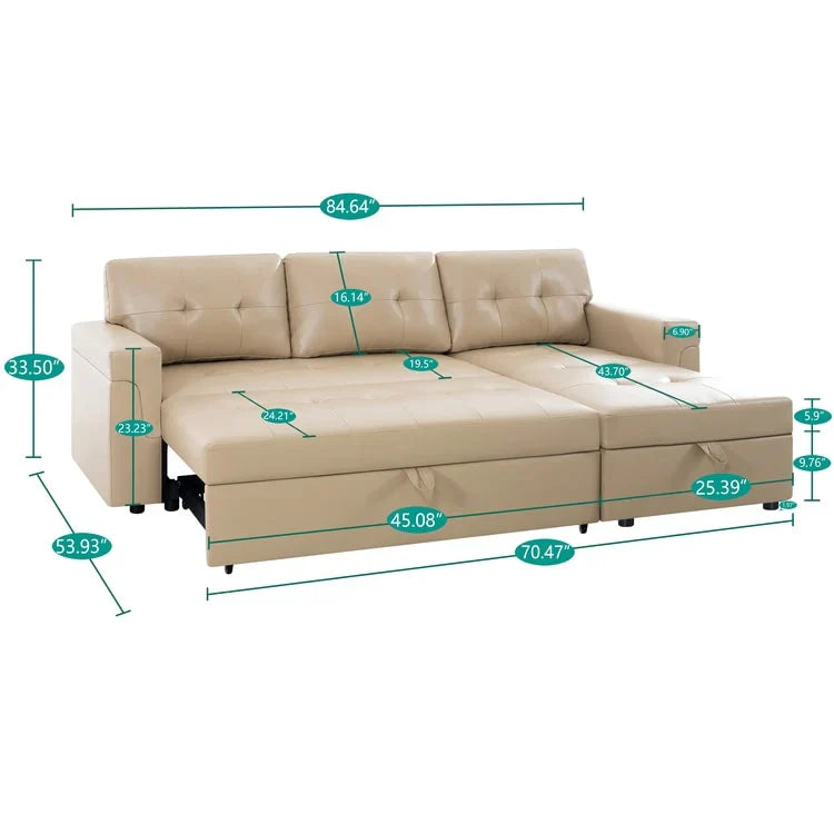 Canapé sectionnel réversible avec lit escamotable, méridienne de rangement dissimulée, pieds durables,