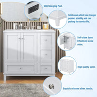 Meuble-lavabo de 36 pouces avec chargement USB, évier en résine, cadre en bois massif, 3 tiroirs de rangement
