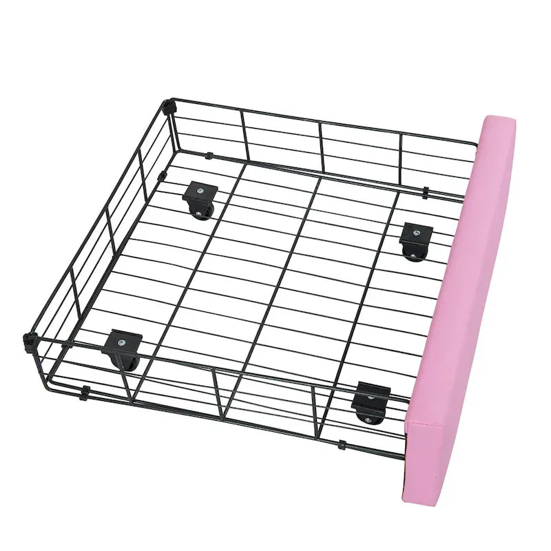 Cadre de lit simple rembourré avec éclairage LED, lit de princesse moderne à tête de lit en couronne, un tiroir, rose+blanc