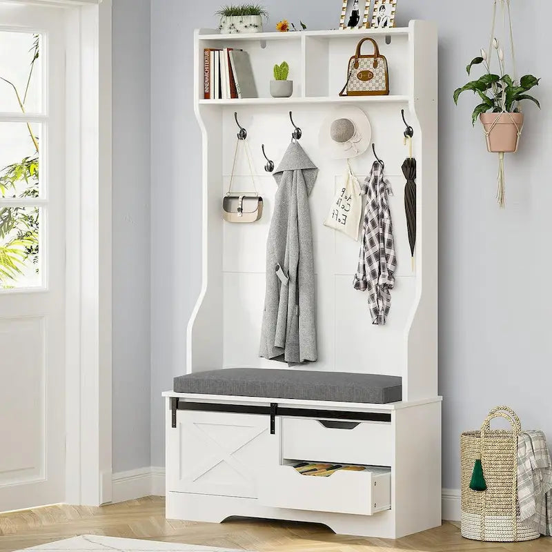 Hall Tree avec banc et rangement à chaussures, porte-manteau, porte de grange