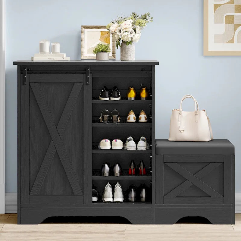Meuble à chaussures farmhouse avec porte coulissante, banc à chaussures, meuble de rangement à 5 niveaux avec étagères réglables pour 20 paires