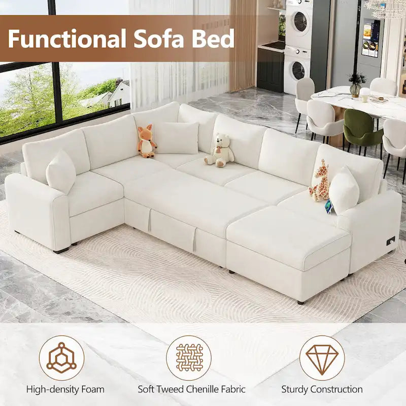 Canapé sectionnel en chenille avec canapé-lit escamotable, canapé-lit en forme de L avec ottoman de rangement, 3 coussins et prises de charge