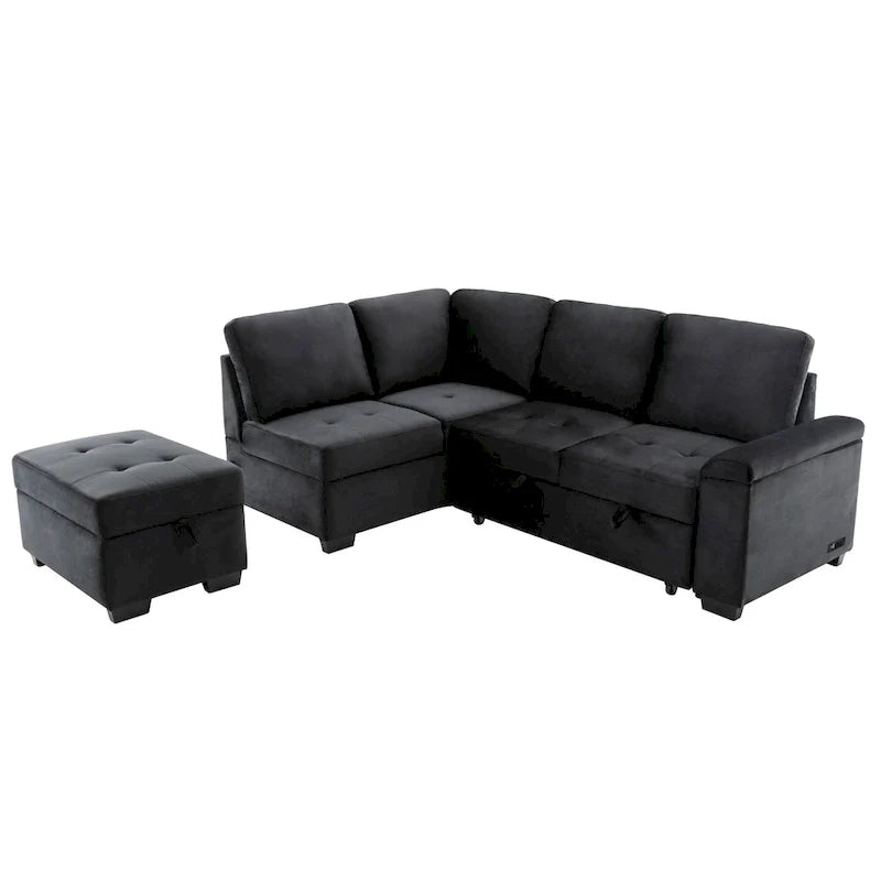 Canapé d'angle convertible 5 places en L 84,75 po avec pouf de rangement, rangement de bras dissimulé et chargement USB pour salon