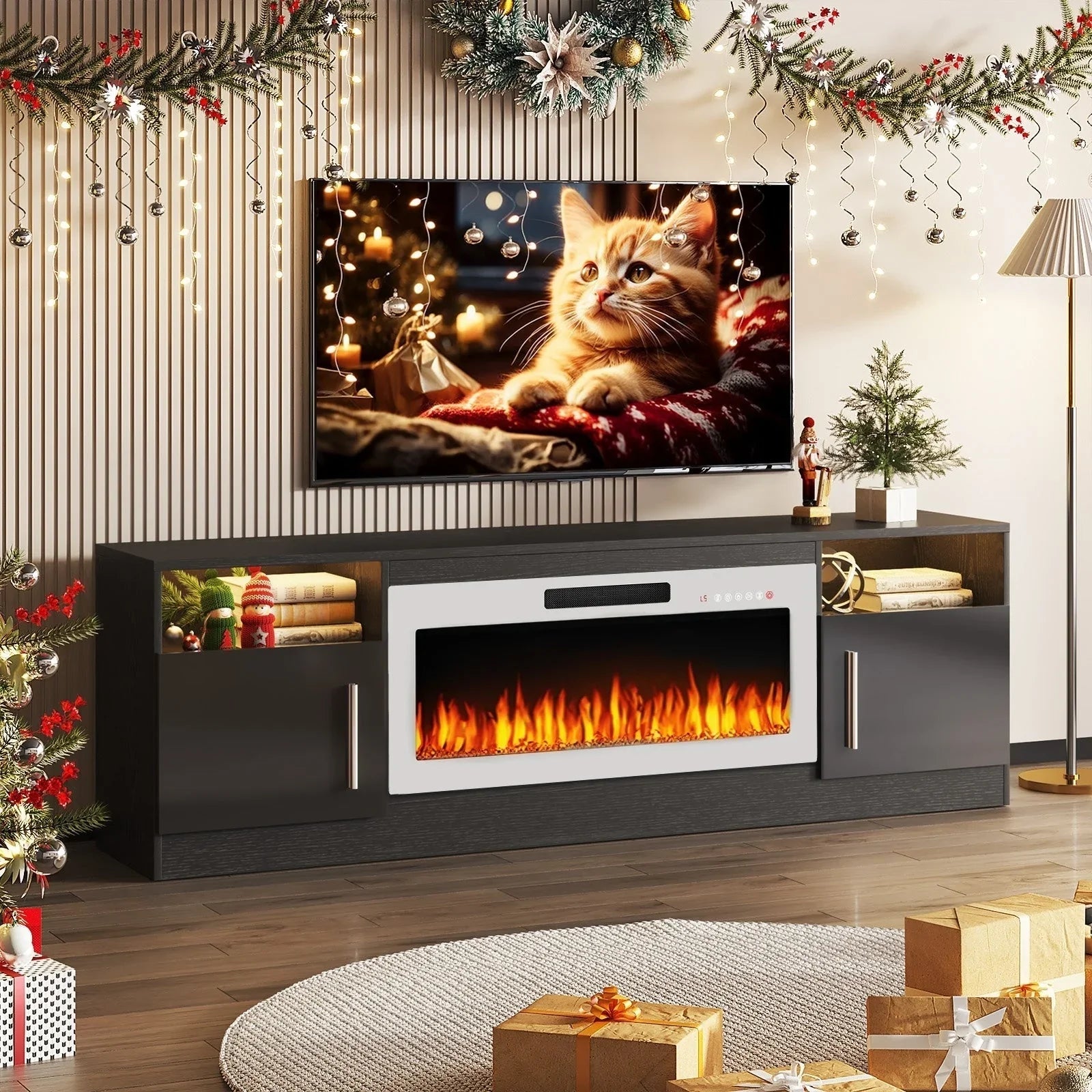 Bossin Meuble TV avec foyer 70 avec foyer électrique 36, meuble TV pour téléviseurs jusqu'à 80, LED 16 couleurs/meuble de divertissement