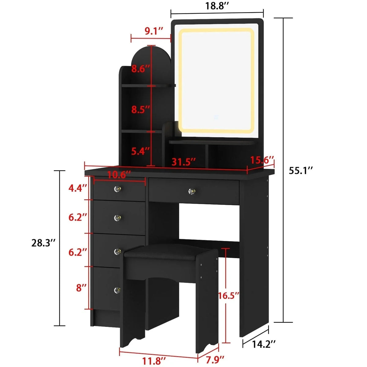 Ensemble coiffeuse table de maquillage avec lumière LED & miroir & tabouret