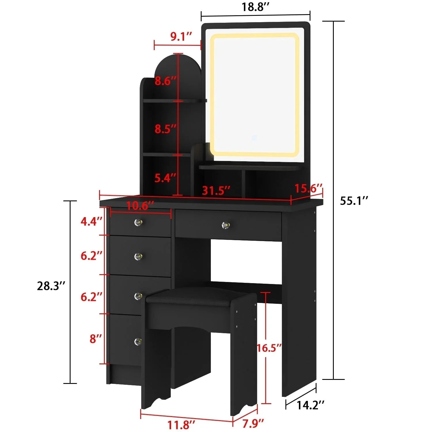 Ensemble coiffeuse table de maquillage avec lumière LED & miroir & tabouret