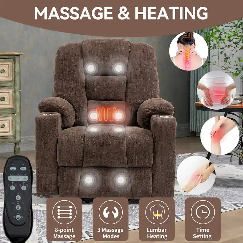 Fauteuil releveur électrique avec massage et chauffage, fauteuils inclinables larges rembourrés Lazy Boy avec USB, ports Type C et 2 porte-gobelets en acier