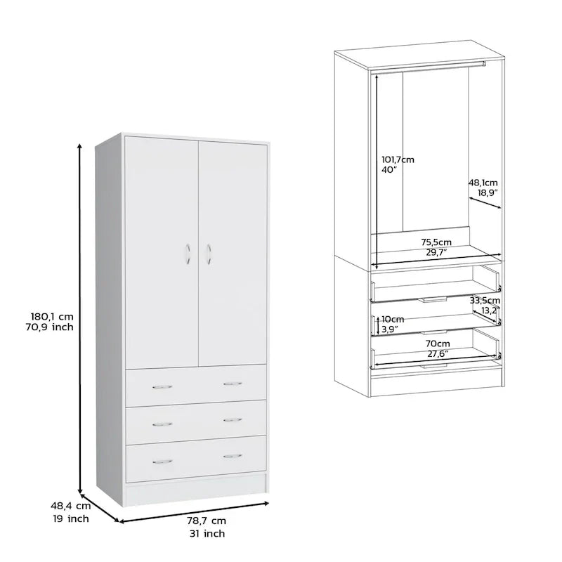 Armoire moderne à double porte 19 avec 3 tiroirs et 1 tringle de suspension pour chambre
