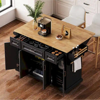 54 Grand îlot de cuisine avec plateau rabattable en bois d'hévéa, chariot de cuisine roulant à texture gaufrée sur 4 roues avec 4 portes et 3 tiroirs