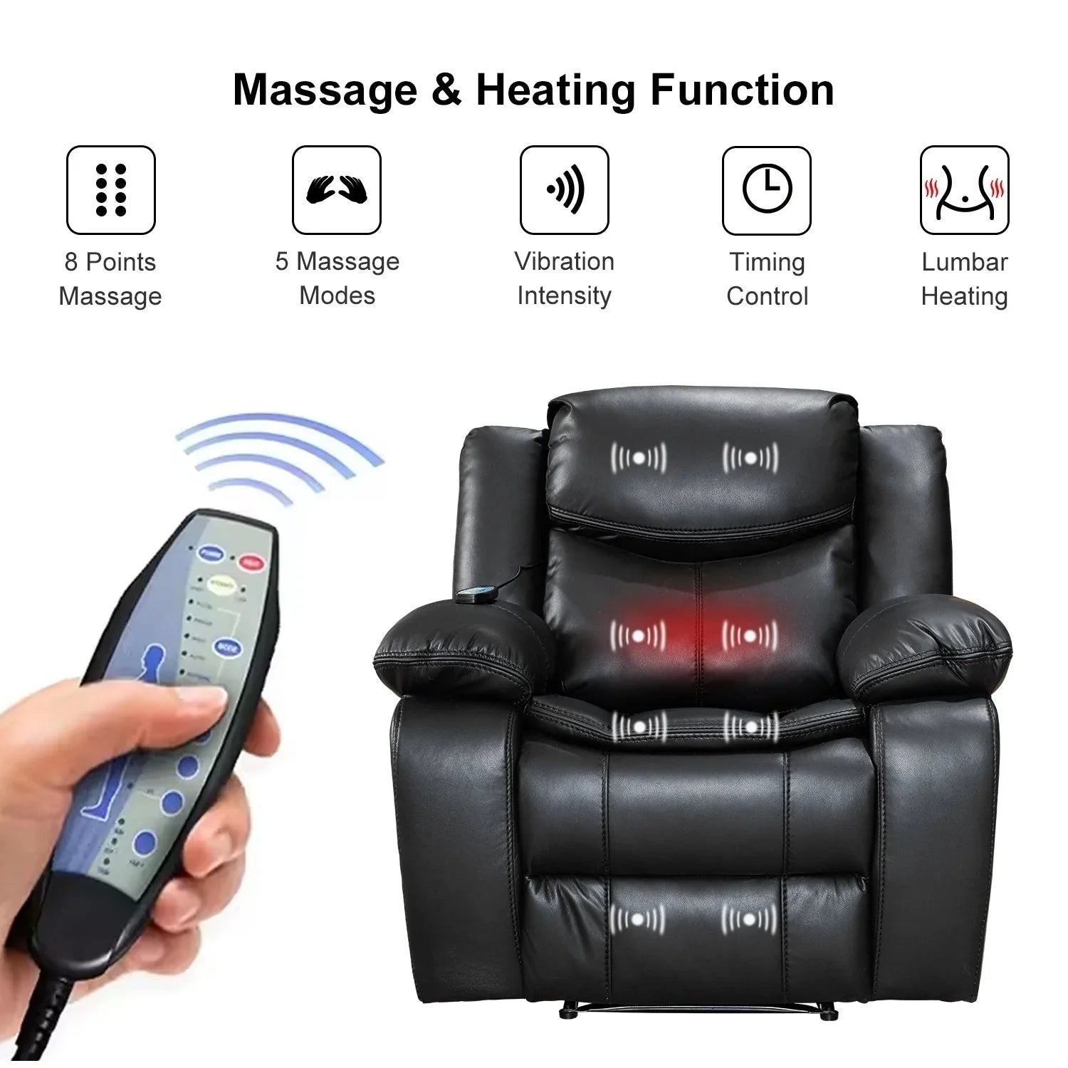 Fauteuil inclinable de massage et chaleur en cuir durable à assise large