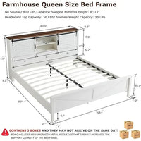 Lit queen size de style campagnard avec étagères de rangement et station de charge