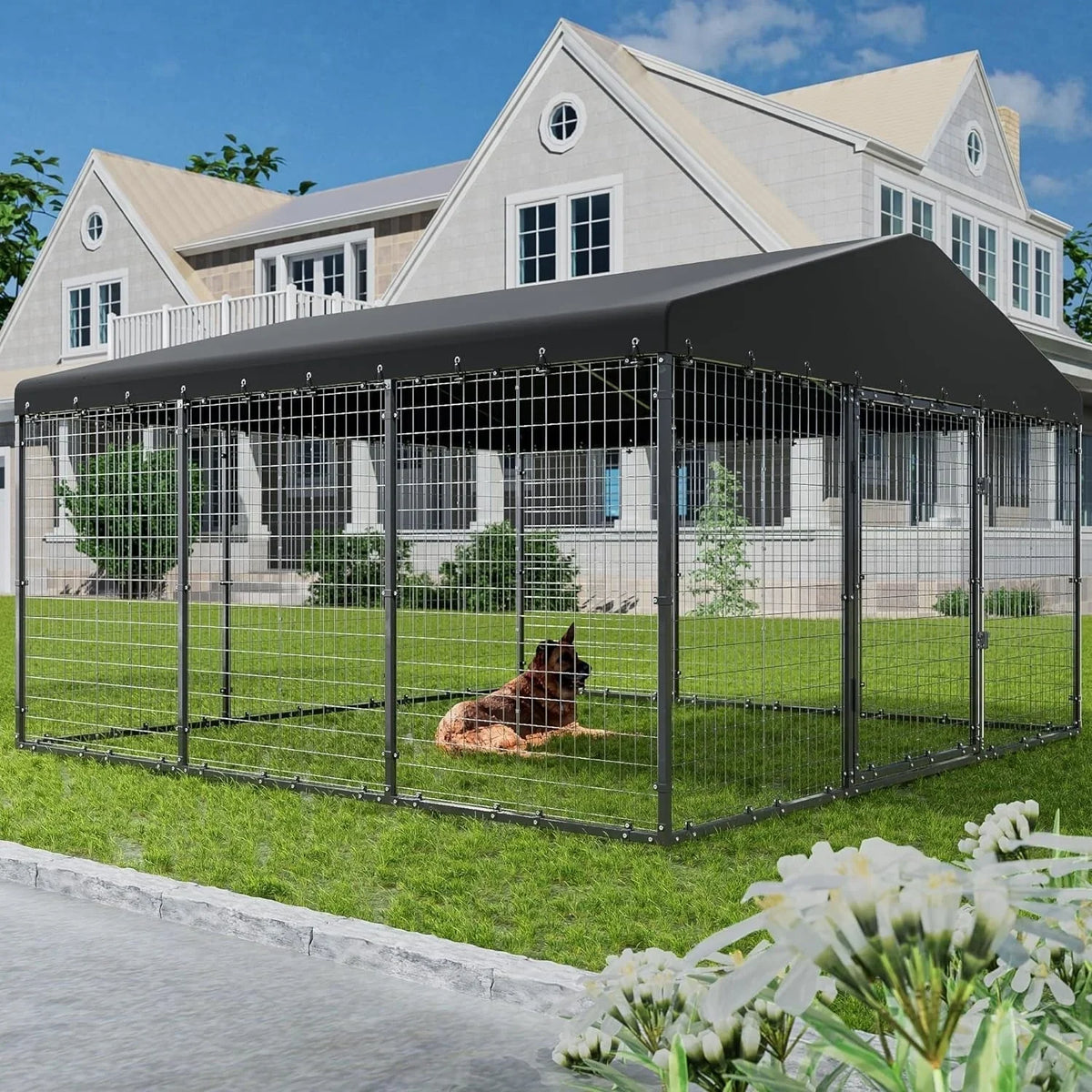 Grand chenil d'extérieur pour chien L 118 x P 118 x H 70, cage robuste pour chien avec toit imperméable