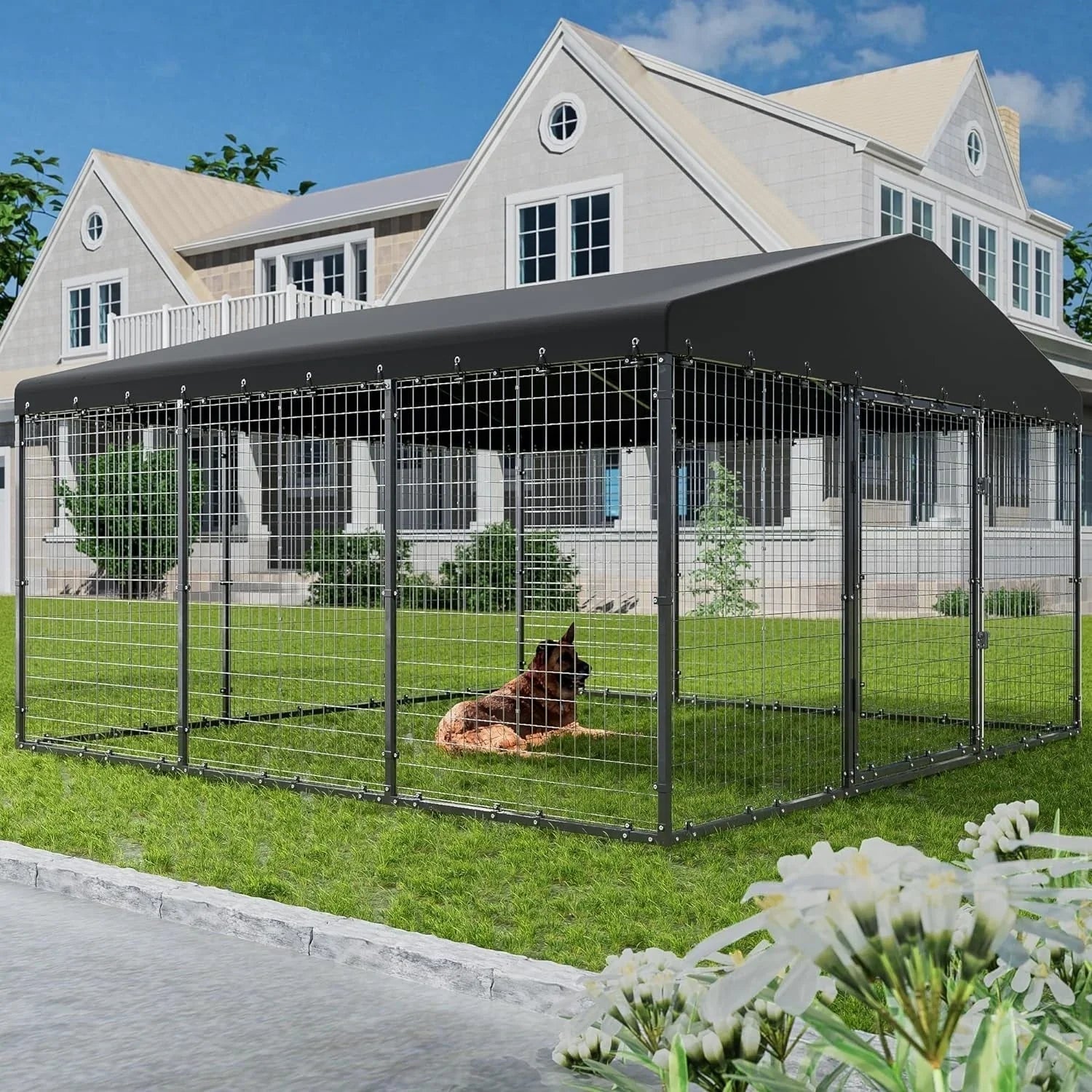 Grand chenil d'extérieur pour chien L 118 x P 118 x H 70, cage robuste pour chien avec toit imperméable
