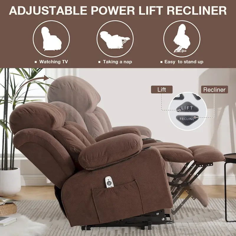 Fauteuil releveur électrique gris avec massage chauffant, charge USB, télécommande et poches latérales pratiques pour seniors