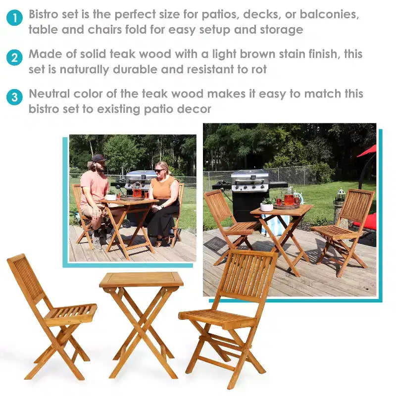 Sunnydaze Ensemble bistro pliant Nantasket en teck massif d'extérieur avec finition teintée - Table et chaises - Marron - 3 pièces