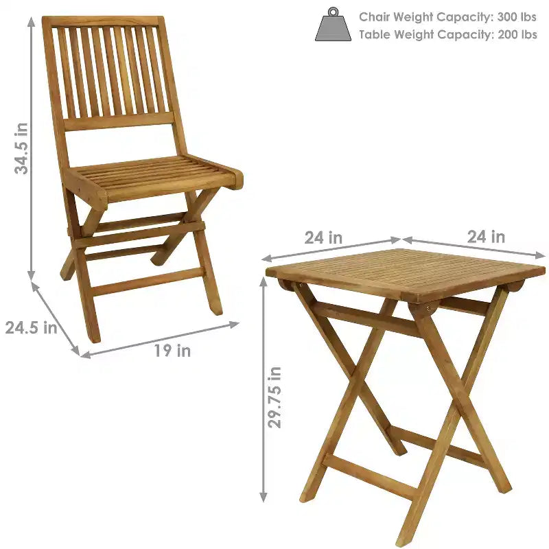 Sunnydaze Ensemble bistro pliant Nantasket en teck massif d'extérieur avec finition teintée - Table et chaises - Marron - 3 pièces
