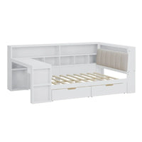 Canapé lit de jour en bois en forme de L avec bureau, bibliothèque, lit d'angle avec tiroirs sous le lit, tête de lit tapissée et éclairage intégré