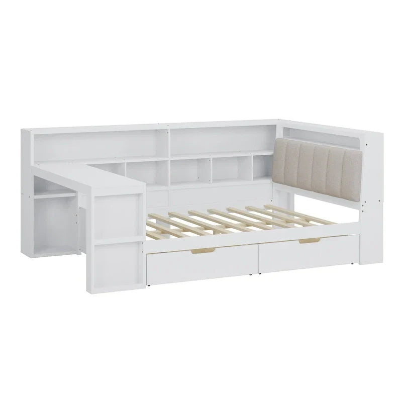 Canapé lit de jour en bois en forme de L avec bureau, bibliothèque, lit d'angle avec tiroirs sous le lit, tête de lit tapissée et éclairage intégré