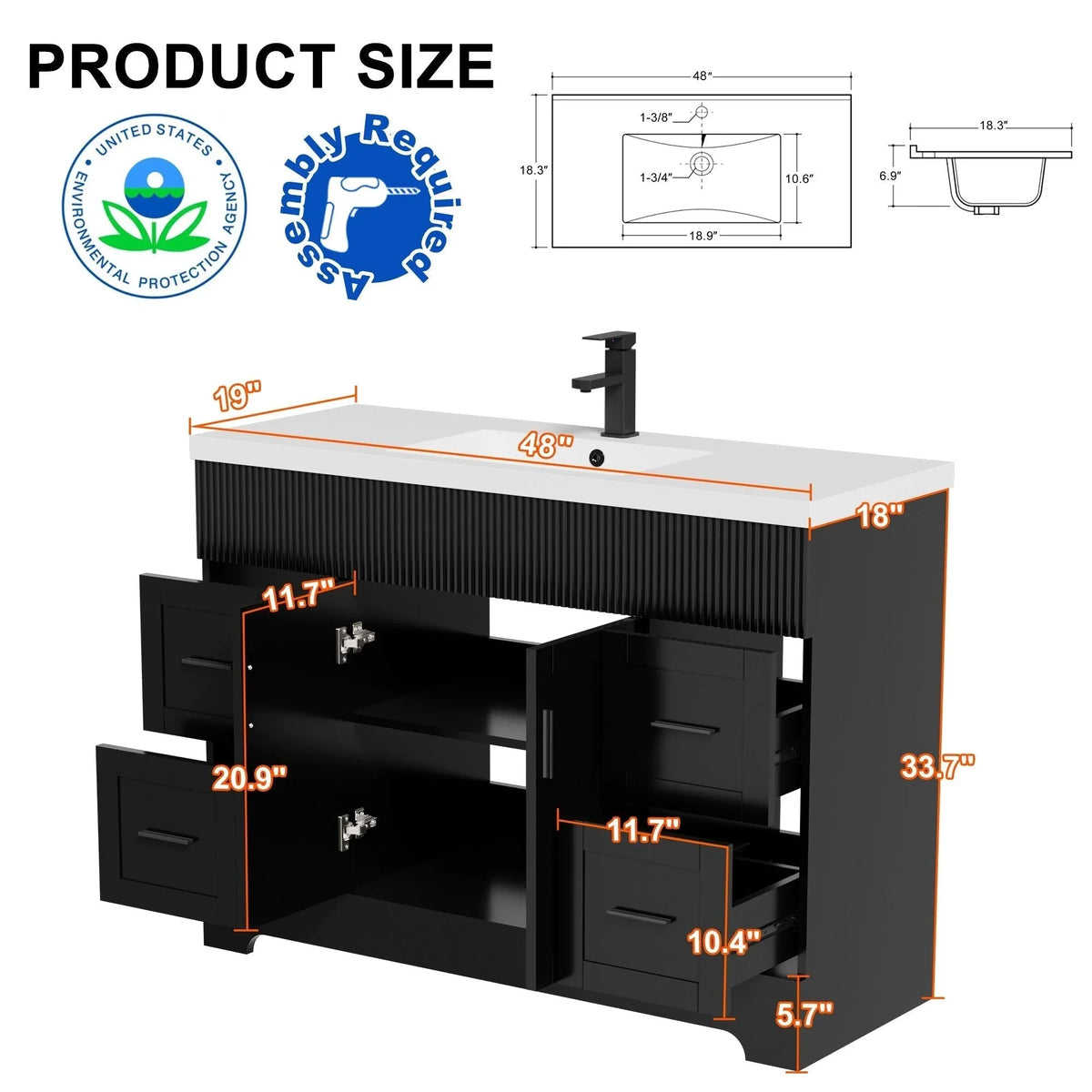 Wavy Line Ensemble meuble-lavabo de salle de bain 30/36/48 avec vasque & robinet