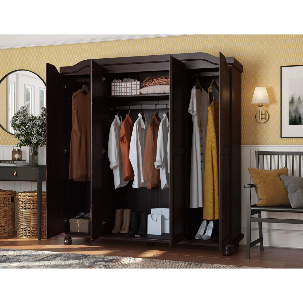 Palace Imports Armoire-penderie Kyle 4 portes 100% bois massif avec portes en bois massif ou miroir
