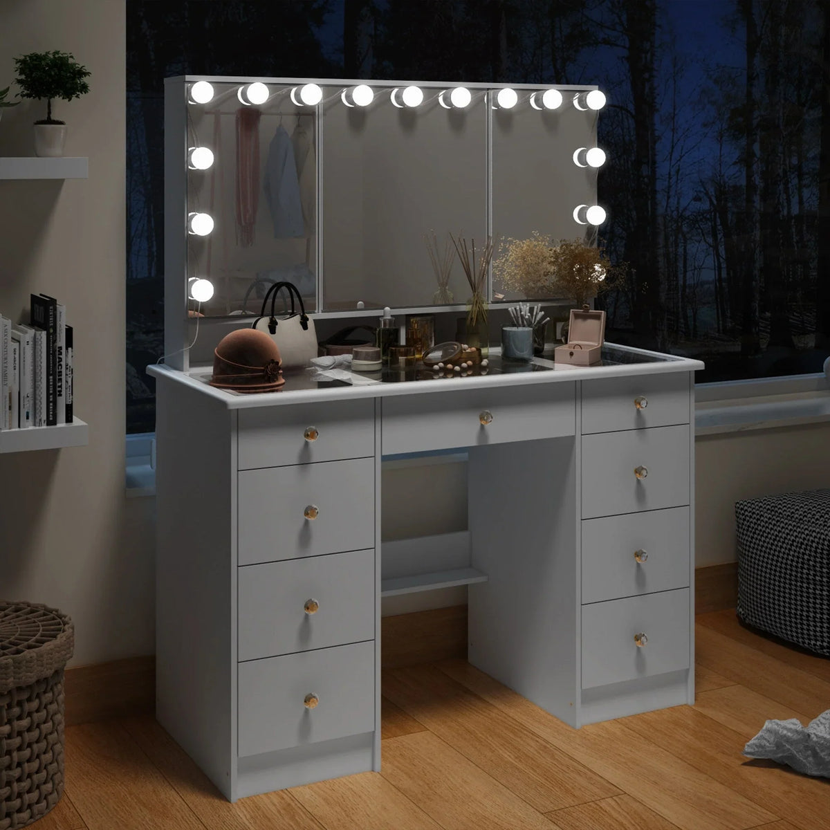 Coiffeuse de maquillage avec miroir triptyque, certifiée, éclairage, dessus en verre, commode