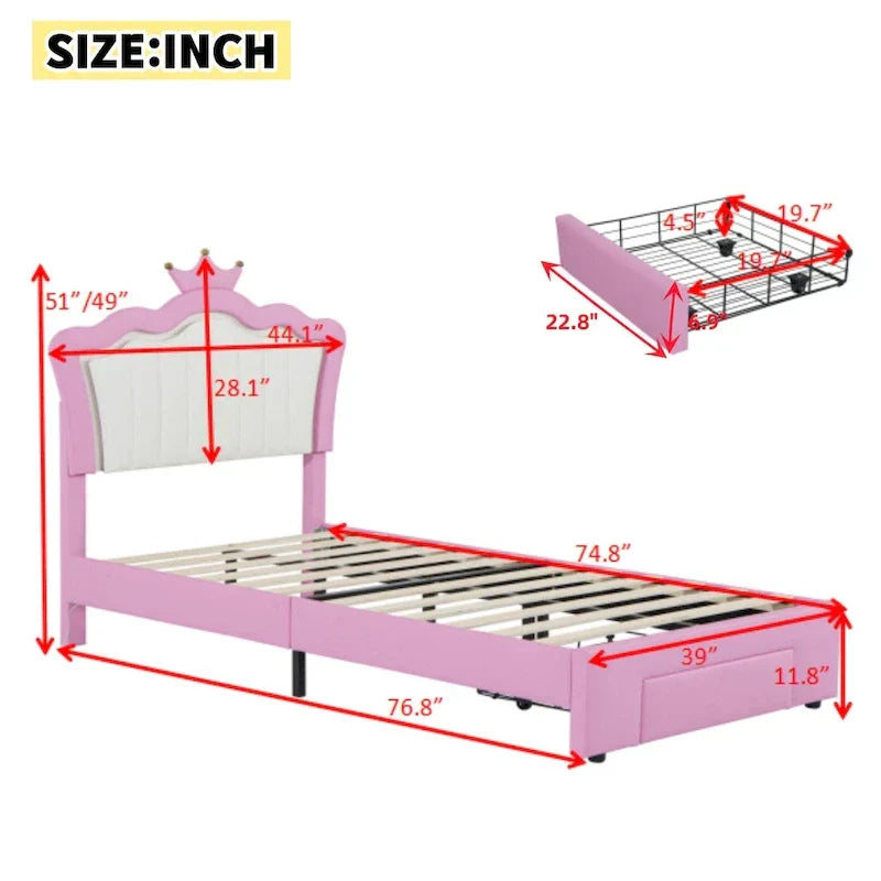 Cadre de lit simple rembourré avec éclairage LED, lit de princesse moderne à tête de lit en couronne, un tiroir, rose+blanc