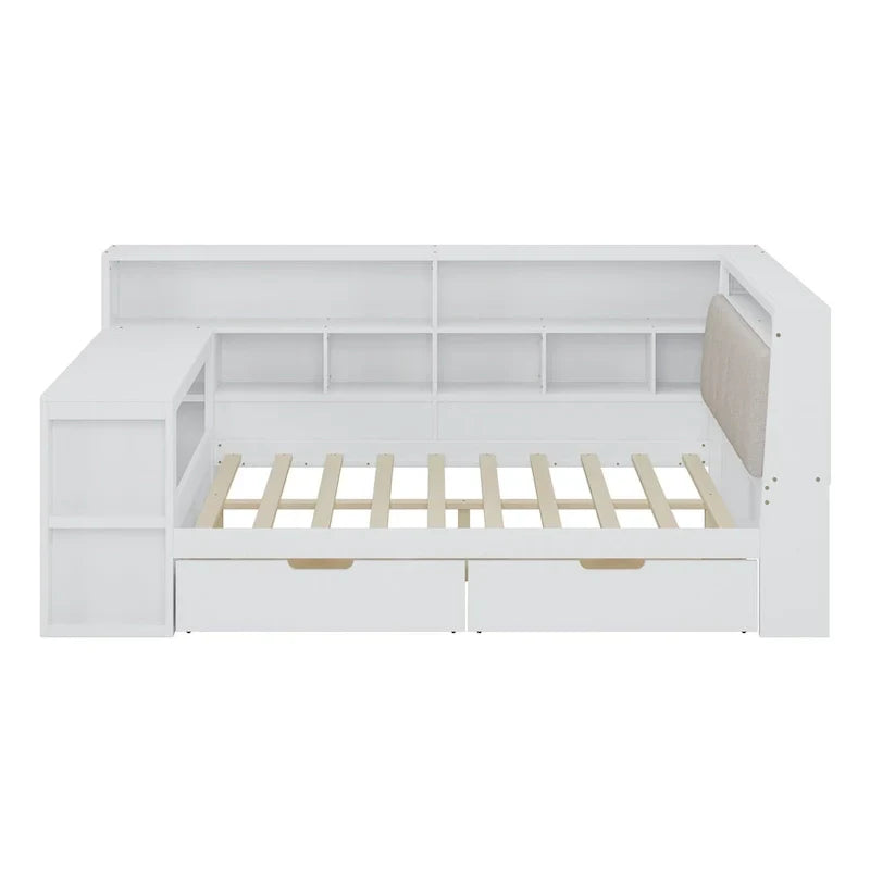 Canapé lit de jour en bois en forme de L avec bureau, bibliothèque, lit d'angle avec tiroirs sous le lit, tête de lit tapissée et éclairage intégré