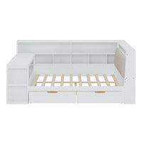 Canapé lit de jour en bois en forme de L avec bureau, bibliothèque, lit d'angle avec tiroirs sous le lit, tête de lit tapissée et éclairage intégré