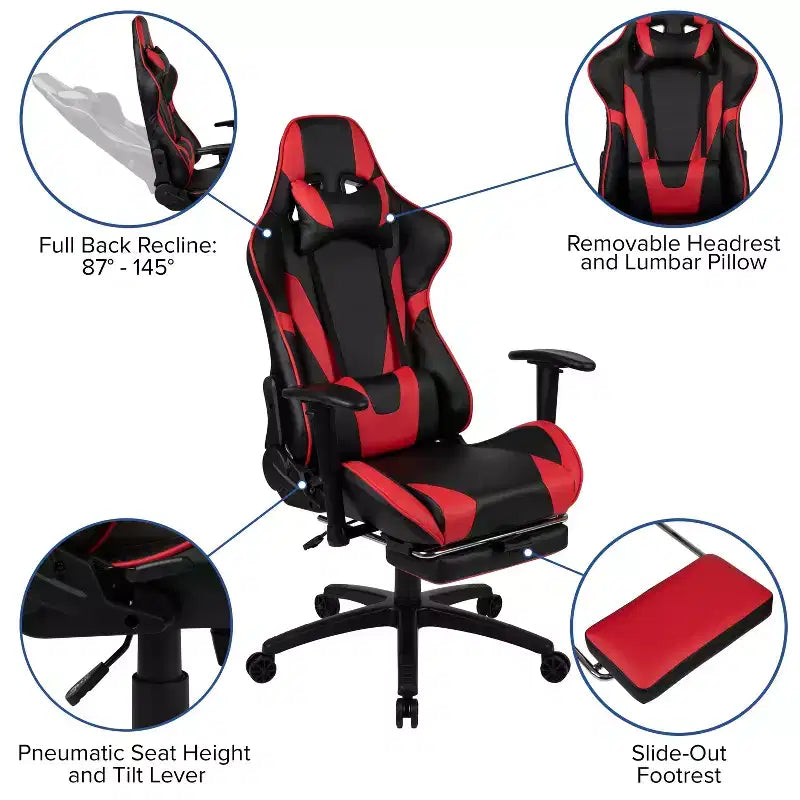 Chaise de jeu Flash Furniture X30 Chaise de bureau ergonomique de course avec dossier entièrement inclinable et repose-pieds coulissant en cuir souple rouge