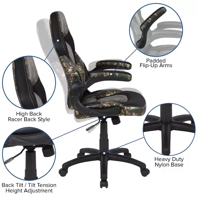 Fauteuil de bureau ergonomique pivotant réglable Flash Furniture X10 pour gamer avec accoudoirs relevables
