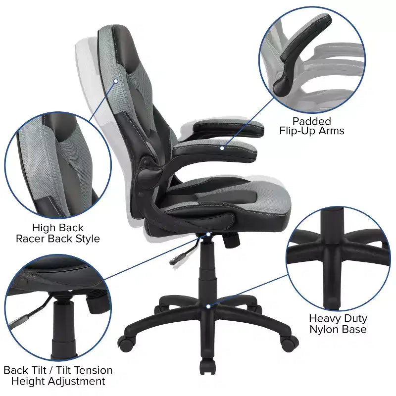 Fauteuil de bureau ergonomique pivotant réglable Flash Furniture X10 pour gamer avec accoudoirs relevables