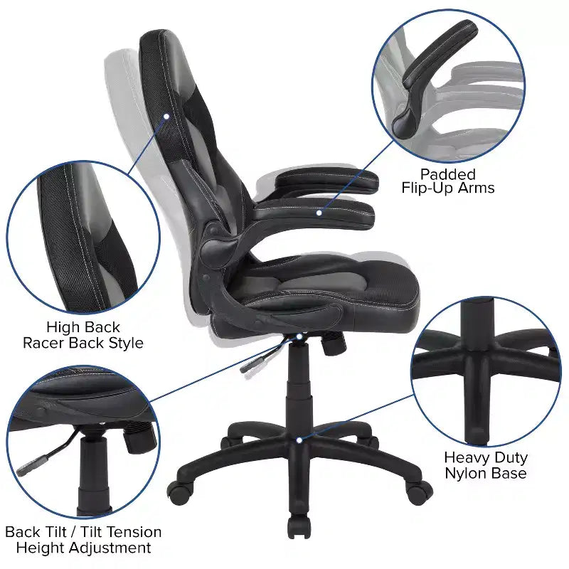 Fauteuil de bureau ergonomique pivotant réglable Flash Furniture X10 pour gamer avec accoudoirs relevables