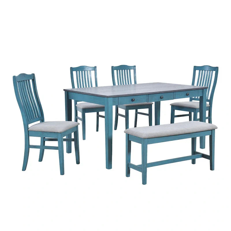 Ensemble de salle à manger 6 pièces en bois avec 4 chaises et un banc, table avec tiroir