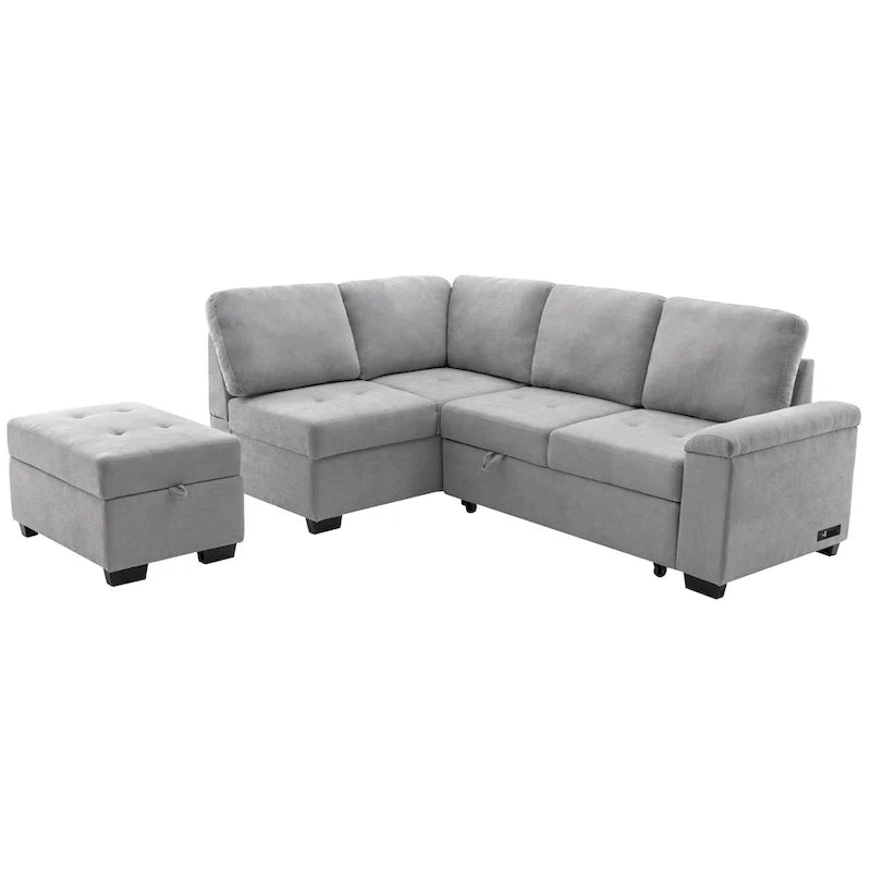 Canapé d'angle convertible 5 places en L 84,75 po avec pouf de rangement, rangement de bras dissimulé et chargement USB pour salon