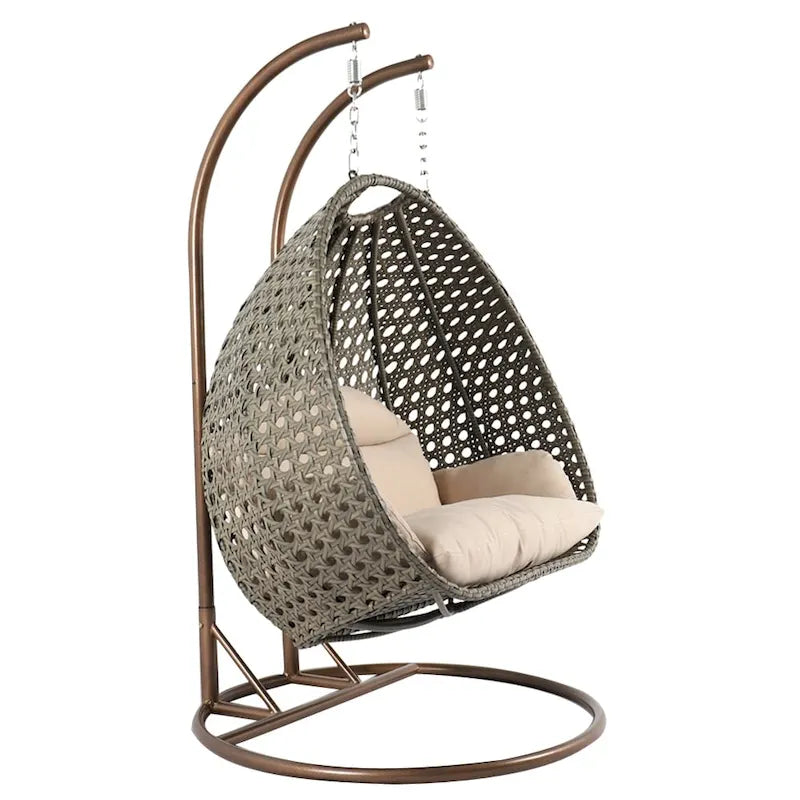 LeisureMod fauteuil œuf suspendu 2 personnes avec support - balancelle hamac d'extérieur / intérieur en rotin tressé avec coussins