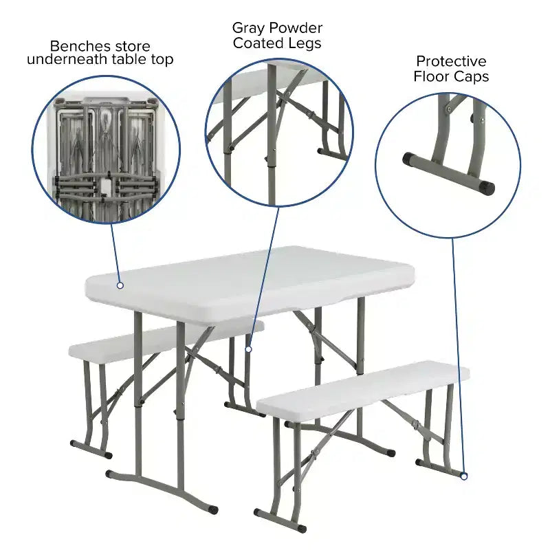 Emma and Oliver ensemble 3 pièces banc et table pliants en plastique portables