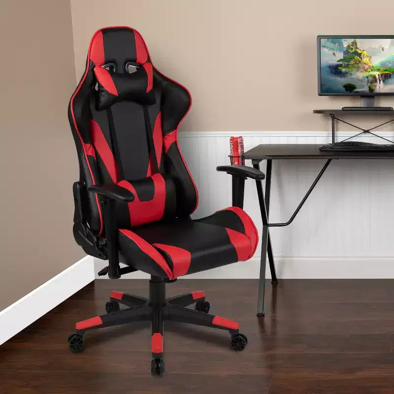 Emma and Oliver Chaise de jeu racing ergonomique avec dossier entièrement inclinable en LeatherSoft rouge