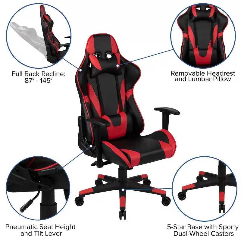 Emma and Oliver Chaise de jeu racing ergonomique avec dossier entièrement inclinable en LeatherSoft rouge